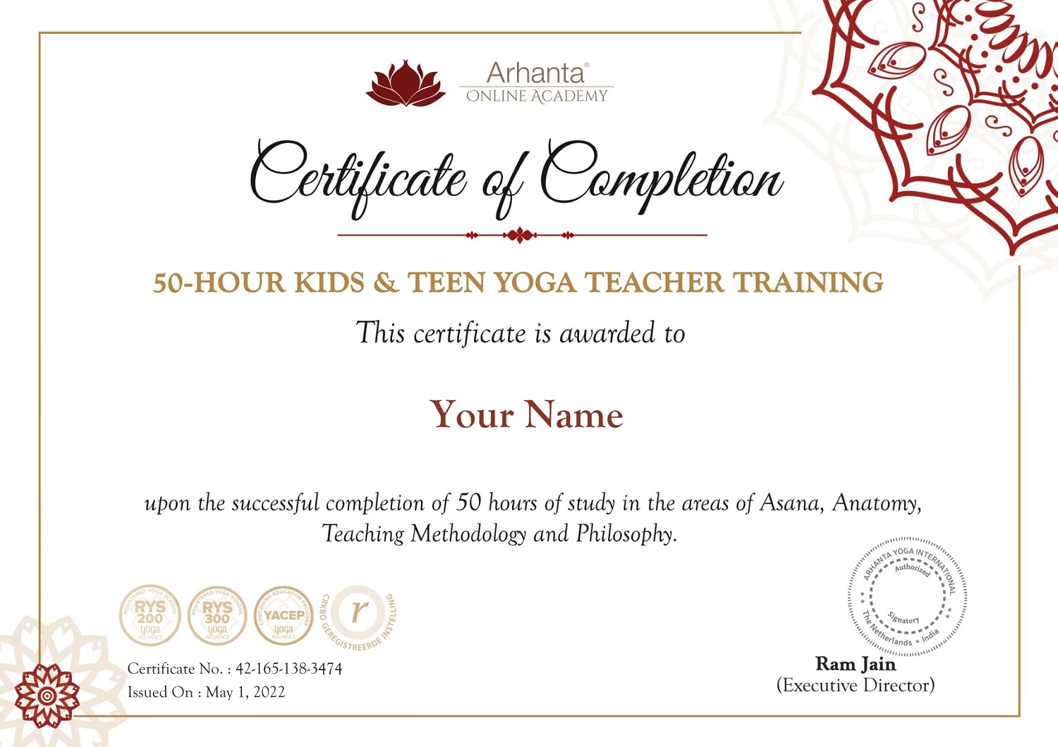 Certificado de formación de profesores de yoga para niños adolescentes