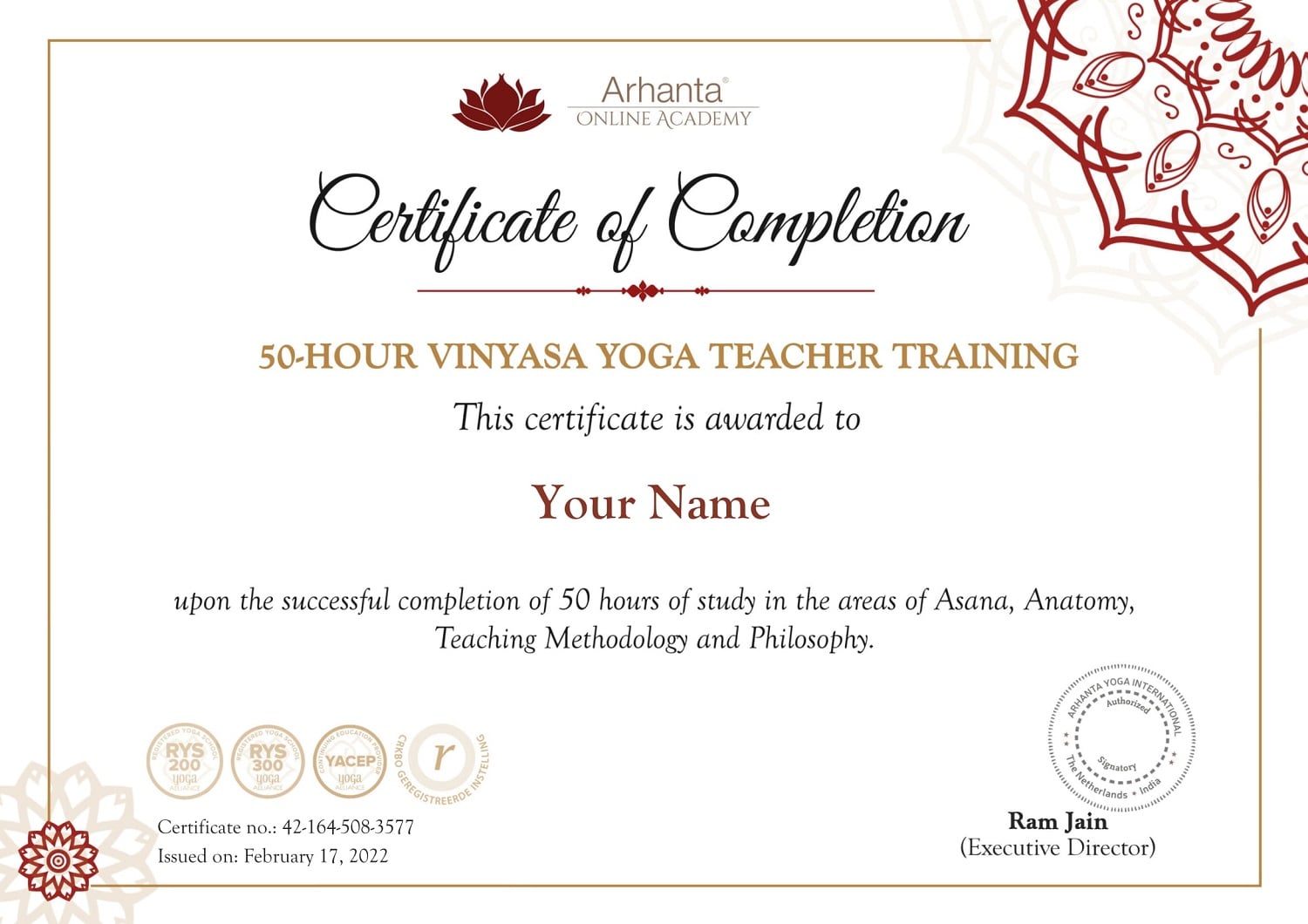 Certificado de 50 horas de Vinyasa YTT