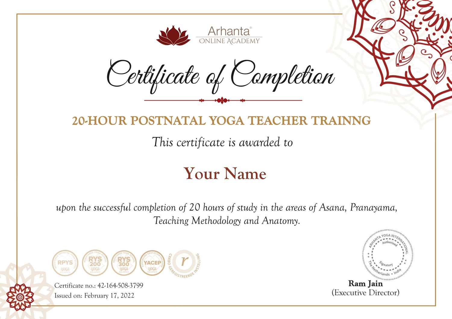 Certificado de formación de profesores de yoga postnatal de 20 horas en línea