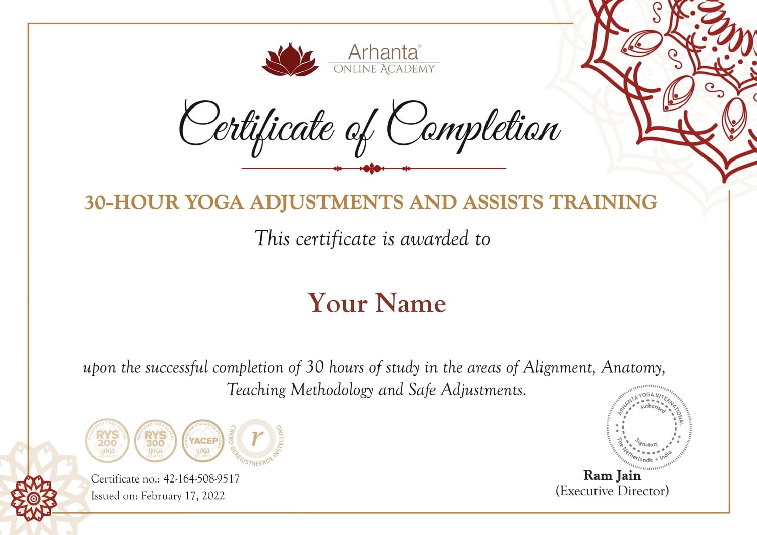 Ajustes de 30 horas de Yoga e Formação de Assistentes